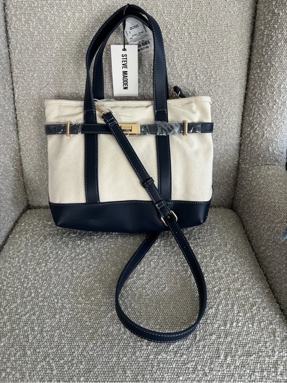 Steve Madden Cream and Navy Canvas Tote with Crossbody Strap